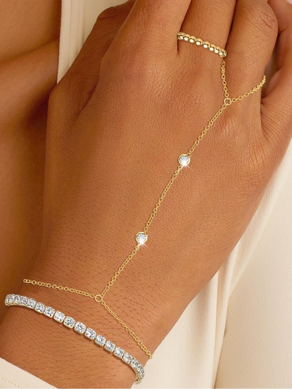 New Anthropologie Gold color Hand Chain Bracelet with Clear Stone Accents